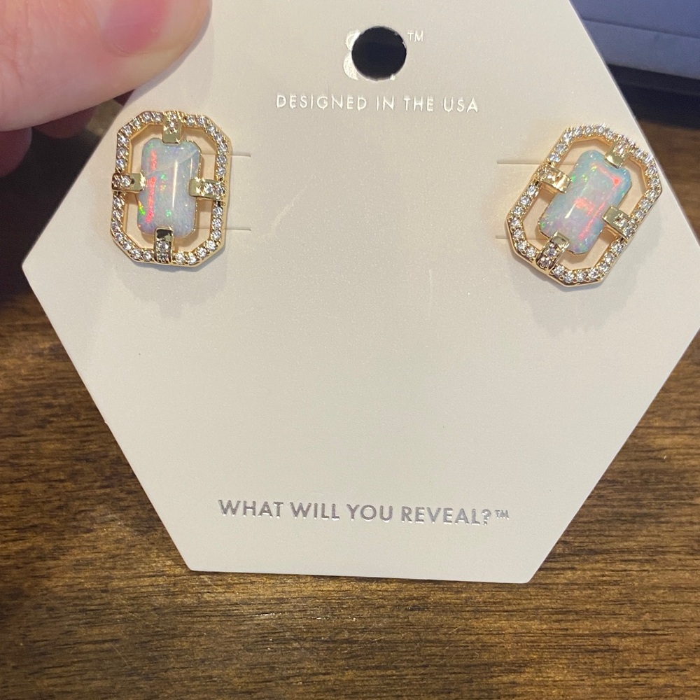 Gold Opal Rectangular Halo Stud Earrings - Women Jewelry
